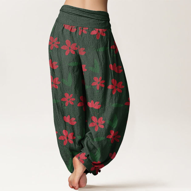 Buddha Stones Casual Red Flower Green Leaves Pattern Women's Elastic Waist Harem Pants