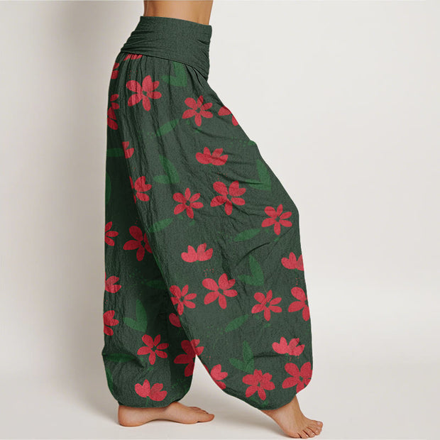 Buddha Stones Casual Red Flower Green Leaves Pattern Women's Elastic Waist Harem Pants