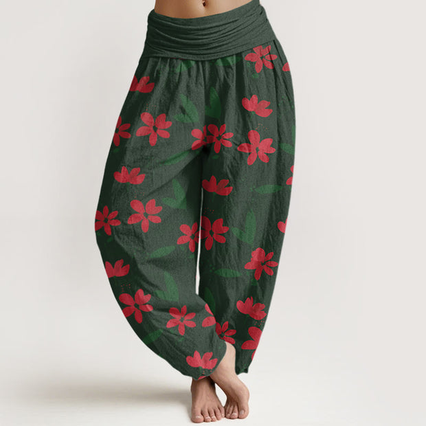 Buddha Stones Casual Red Flower Green Leaves Pattern Women's Elastic Waist Harem Pants