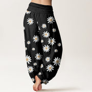 Buddha Stones Casual White Daisy Pattern Women's Elastic Waist Harem Pants - image 2