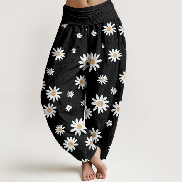 Buddha Stones Casual White Daisy Pattern Women's Elastic Waist Harem Pants
