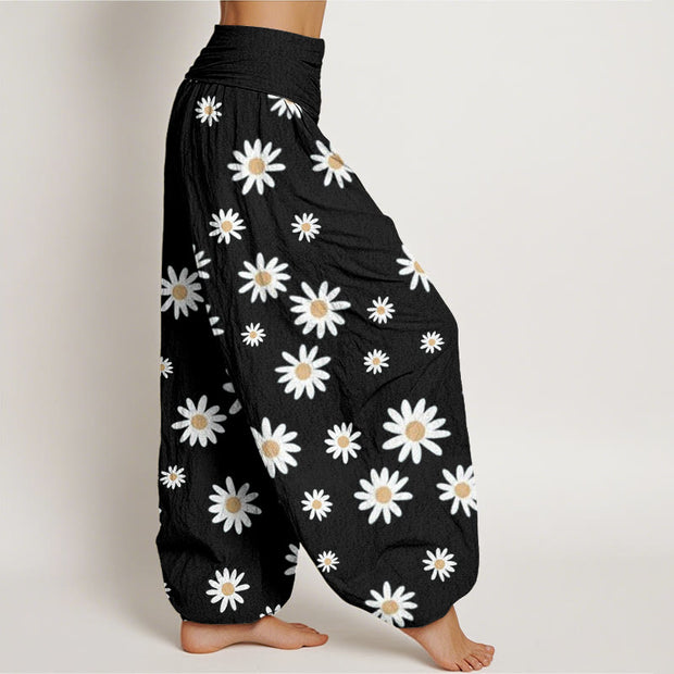 Buddha Stones Casual White Daisy Pattern Women's Elastic Waist Harem Pants - image 3
