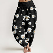 Buddha Stones Casual White Daisy Pattern Women's Elastic Waist Harem Pants - Black - US22，UK/AU26，EU54 (6XL) - image 1