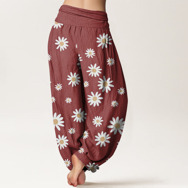 Buddha Stones Casual White Daisy Pattern Women's Elastic Waist Harem Pants