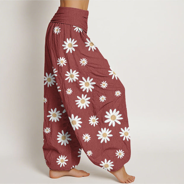 Buddha Stones Casual White Daisy Pattern Women's Elastic Waist Harem Pants - image 7