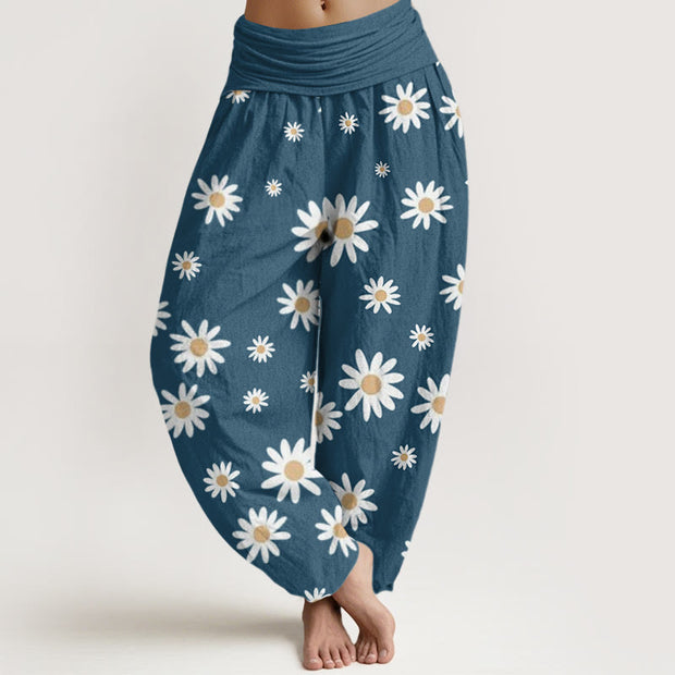 Buddha Stones Casual White Daisy Pattern Women's Elastic Waist Harem Pants