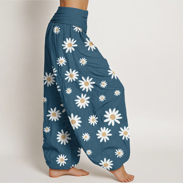 Buddha Stones Casual White Daisy Pattern Women's Elastic Waist Harem Pants - image 10