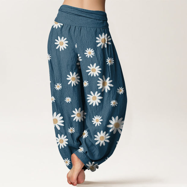 Buddha Stones Casual White Daisy Pattern Women's Elastic Waist Harem Pants