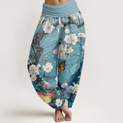 Buddha Stones Casual Plum Blossom Butterfly Ocean Wave Auspicious Cloud Pattern Women's Elastic Waist Harem Pants