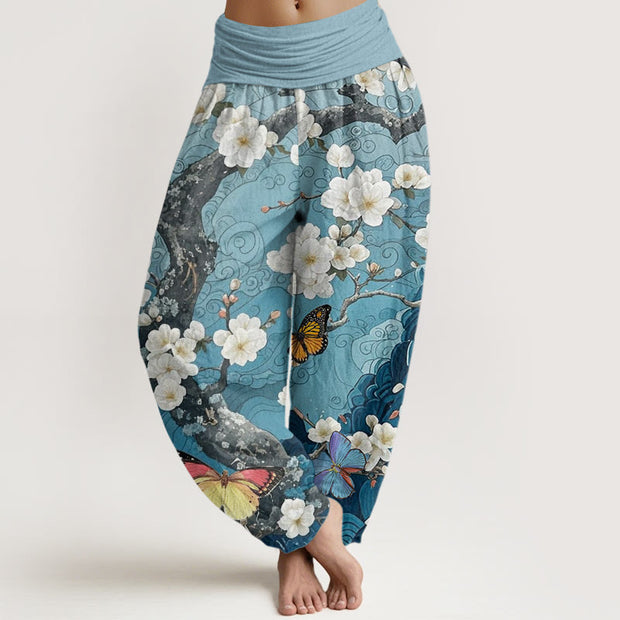 Buddha Stones Casual Plum Blossom Butterfly Ocean Wave Auspicious Cloud Pattern Women's Elastic Waist Harem Pants