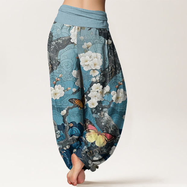Buddha Stones Casual Plum Blossom Butterfly Ocean Wave Auspicious Cloud Pattern Women's Elastic Waist Harem Pants