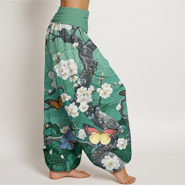 Buddha Stones Casual Plum Blossom Butterfly Ocean Wave Auspicious Cloud Pattern Women's Elastic Waist Harem Pants