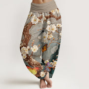 Buddha Stones Casual Plum Blossom Butterfly Ocean Wave Auspicious Cloud Pattern Women's Elastic Waist Harem Pants