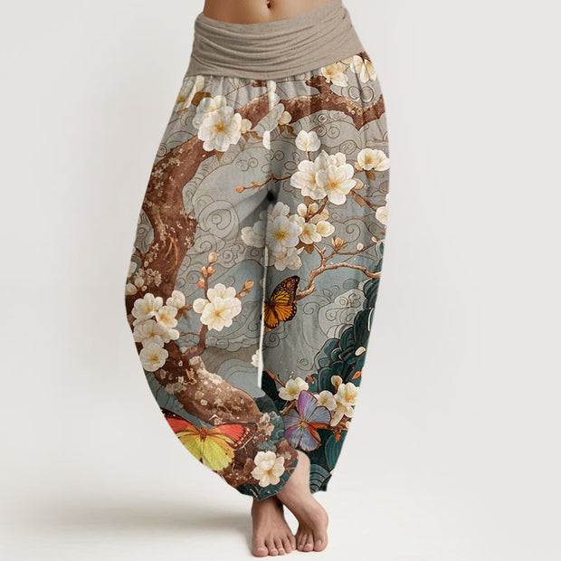 Buddha Stones Casual Plum Blossom Butterfly Ocean Wave Auspicious Cloud Pattern Women's Elastic Waist Harem Pants