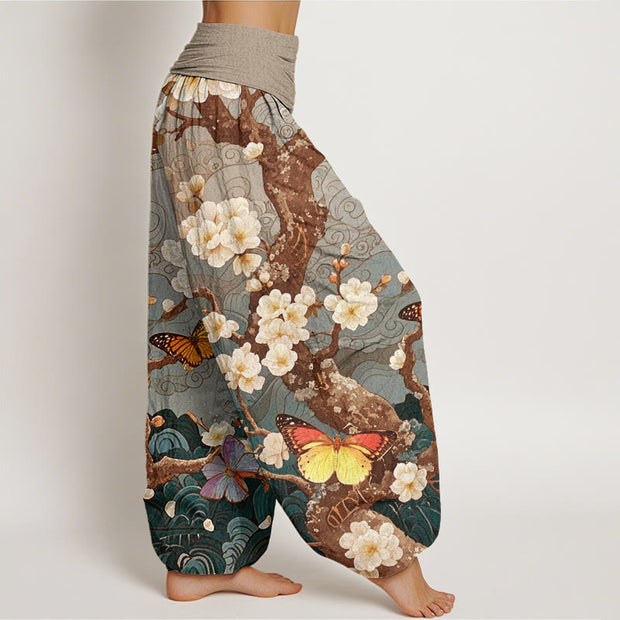 Buddha Stones Casual Plum Blossom Butterfly Ocean Wave Auspicious Cloud Pattern Women's Elastic Waist Harem Pants