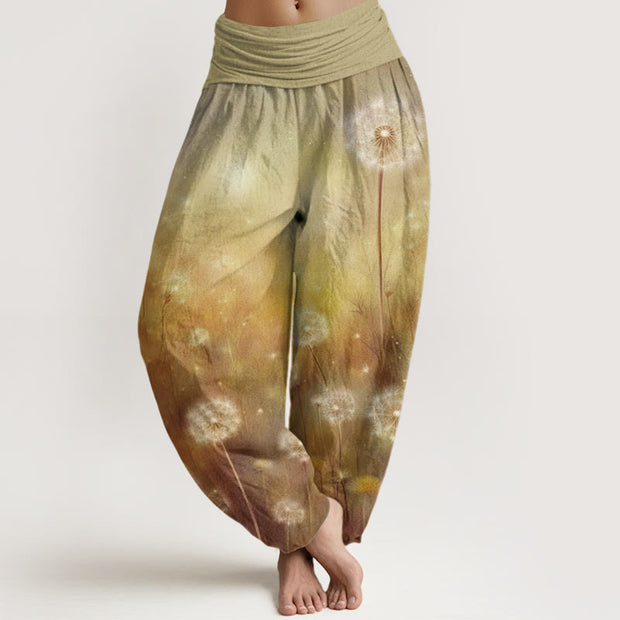 Buddha Stones Casual Blowing Dandelion Pattern Women's Elastic Waist Harem Pants