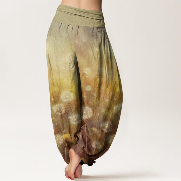 Buddha Stones Casual Blowing Dandelion Pattern Women's Elastic Waist Harem Pants