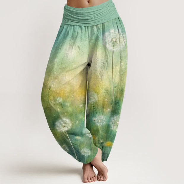 Buddha Stones Casual Blowing Dandelion Pattern Women's Elastic Waist Harem Pants