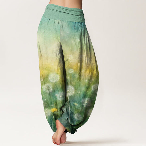 Buddha Stones Casual Blowing Dandelion Pattern Women's Elastic Waist Harem Pants