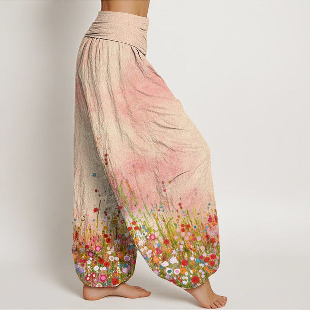 Buddha Stones Casual Colorful Wildflower Field Pattern Women's Elastic Waist Harem Pants - image 3