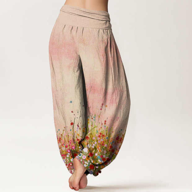 Buddha Stones Casual Colorful Wildflower Field Pattern Women's Elastic Waist Harem Pants