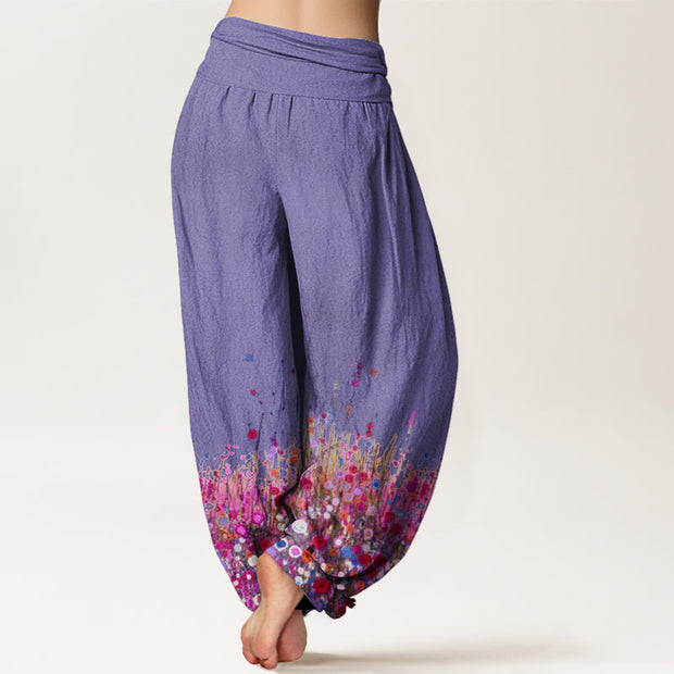 Buddha Stones Casual Colorful Wildflower Field Pattern Women's Elastic Waist Harem Pants