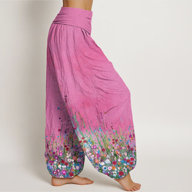 Buddha Stones Casual Colorful Wildflower Field Pattern Women's Elastic Waist Harem Pants