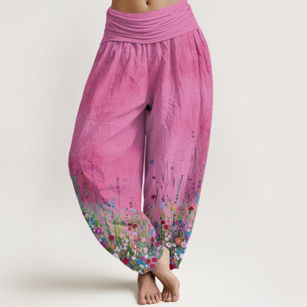 Buddha Stones Casual Colorful Wildflower Field Pattern Women's Elastic Waist Harem Pants - DeepPink - US22，UK/AU26，EU54 (6XL) - image 8