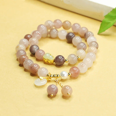 Buddha Stones Natural Golden Silk Jade Double Layer Gourd Peace Buckle Luck Bracelet