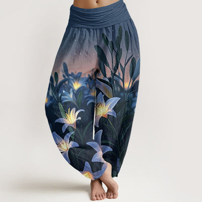 Buddha Stones Casual Lily Pattern Women's Elastic Waist Harem Pants