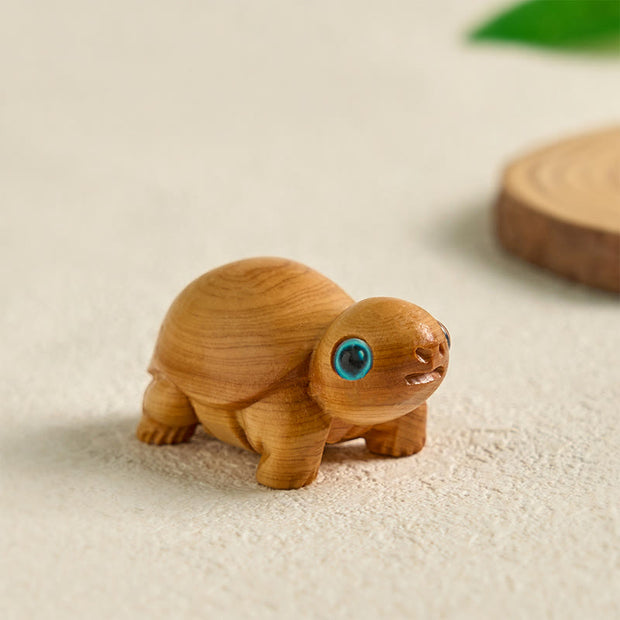 Buddha Stones Mini Thuja Sutchuenensis Wood Cute Turtle Statue Optimistic Decoration