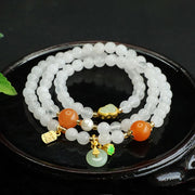Buddha Stones Natural White Jade Multi-layer Gourd Peace Buckle Fu Character Luck Bracelet