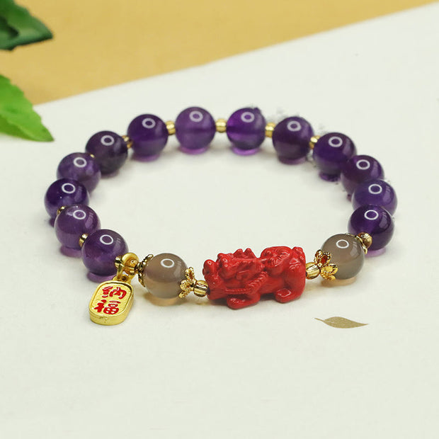 Buddha Stones Natural Amethyst Cinnabar Pi Xiu Fu Character Balance Bracelet