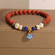Buddha Stones Natural South Red Agate Pearl Peace Lock Charm Positive Bracelet