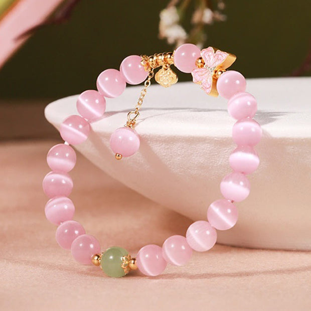 Buddha Stones 925 Sterling Silver Cat's Eye Hetian Jade Butterfly Peace Lock Charm Peace Bracelet