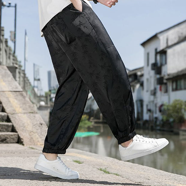 Buddha Stones Summer Ice Silk Jacquard Bamboo Pattern Men's Drawstring Cotton Pants With Pockets