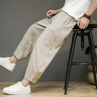 Buddha Stones Casual Plain Simple Design Men's Drawstring High Waist Cotton Pants With Pockets