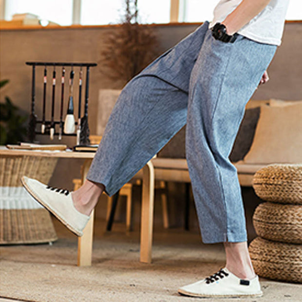 Buddha Stones Casual Solid Color Drawstring Men's Elastic Waistband Cotton Linen Pants With Pockets