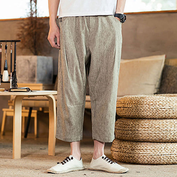 Buddha Stones Casual Solid Color Drawstring Men's Elastic Waistband Cotton Linen Pants With Pockets