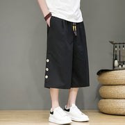 Buddha Stones Casual Plain Side Button Design Drawstring Men's Cotton Cropped Pants With Pockets
