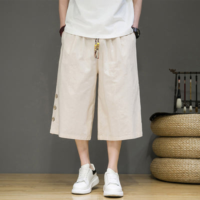 Buddha Stones Casual Plain Side Button Design Drawstring Men's Cotton Cropped Pants With Pockets