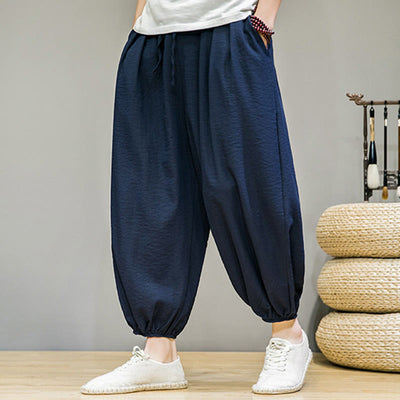 Buddha Stones Summer Plain Drawstring Men's Ankle-Length Cotton Harem Pants With Pockets