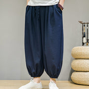 Buddha Stones Summer Plain Drawstring Men's Ankle-Length Cotton Harem Pants With Pockets