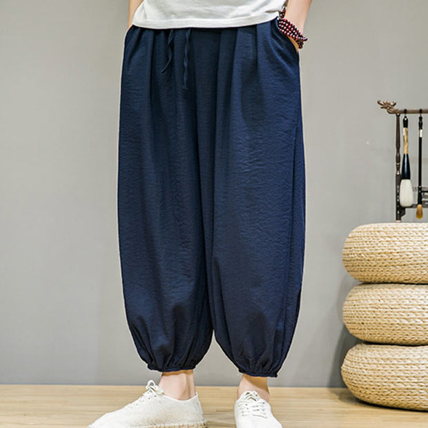 Buddha Stones Summer Plain Drawstring Men's Ankle-Length Cotton Harem Pants With Pockets
