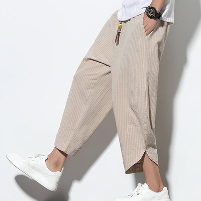 Buddha Stones Summer Stripes Pattern Drawstring Cotton Linen Men's 7-8 Length Harem Pants With Pockets