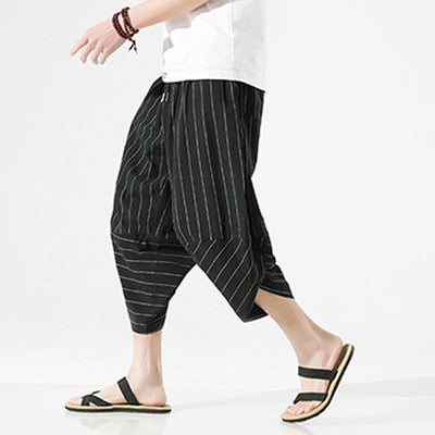 Buddha Stones Casual Plain Stripes Pattern Drawstring Men's 7-8 Length Cotton Linen Harem Pants With Pockets