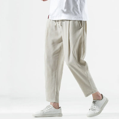 Buddha Stones Casual Plain Pleated Design Drawstring Men's Long Cotton Linen Harem Pants With Pockets