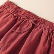 Buddha Stones Plain Color Bottom Hollow Lace Design Lace-up Cotton Linen Women's Shorts With Pockets