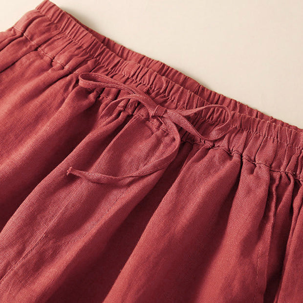 Buddha Stones Plain Color Bottom Hollow Lace Design Lace-up Cotton Linen Women's Shorts With Pockets