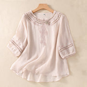Buddha Stones Women's Crew Neck Hollow Design Half Sleeve Cotton Linen Shirt